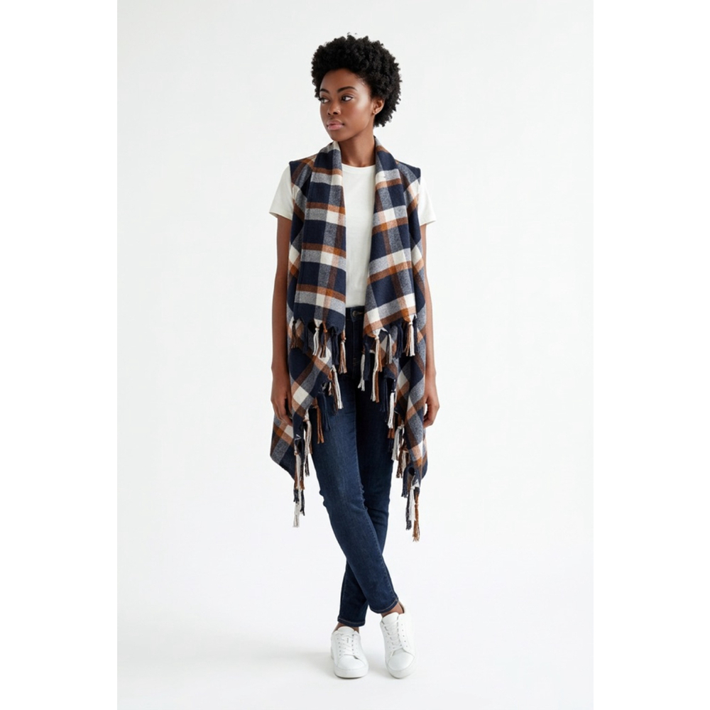 Women's‎ Entro Plaid Fringe Vest Shawl Navy Orange Sm Rustic Cabincore Lagenlook